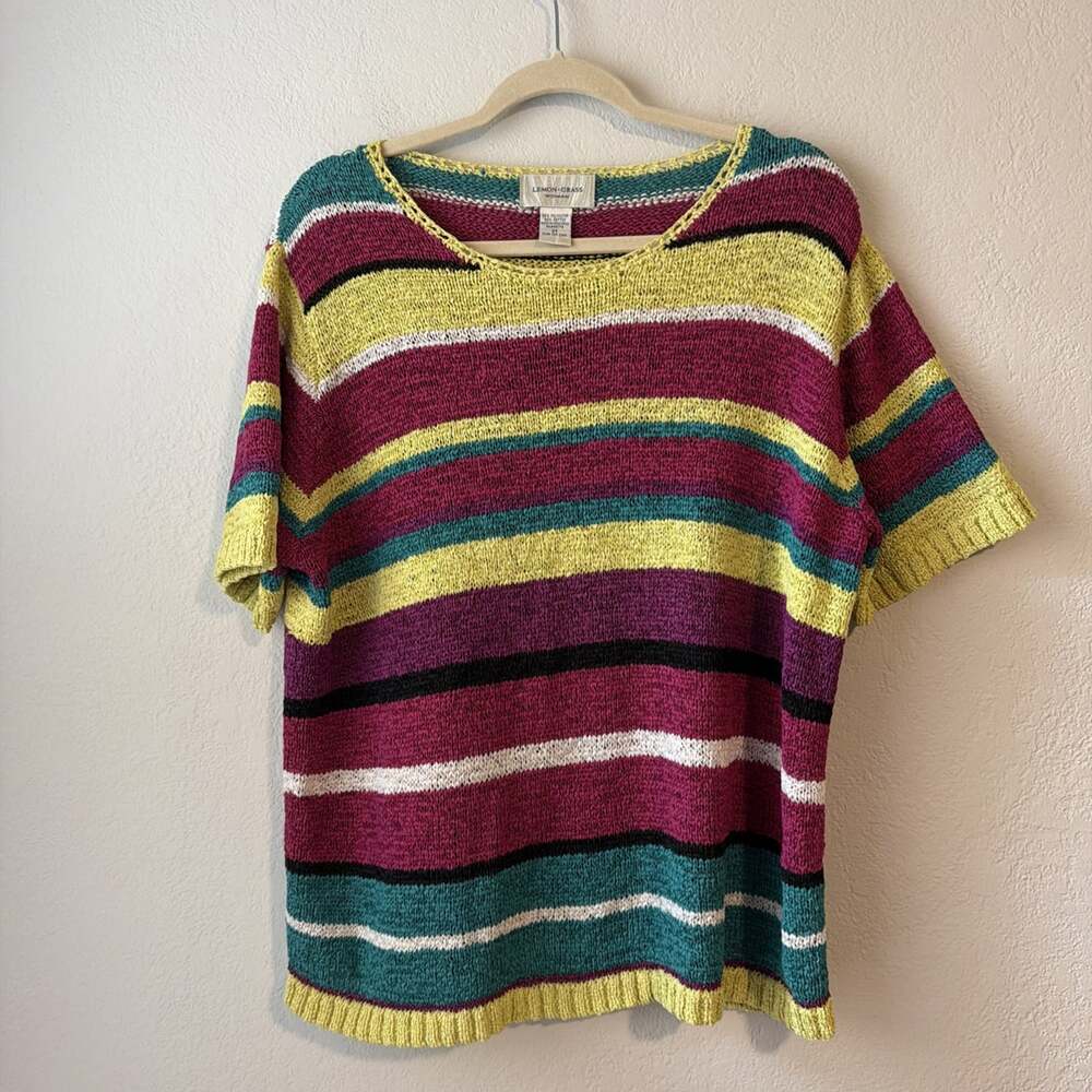 Lemon Grass Women's Sweater 2XL Multicolor Striped Short Sleeve Pullover 90s Y2K